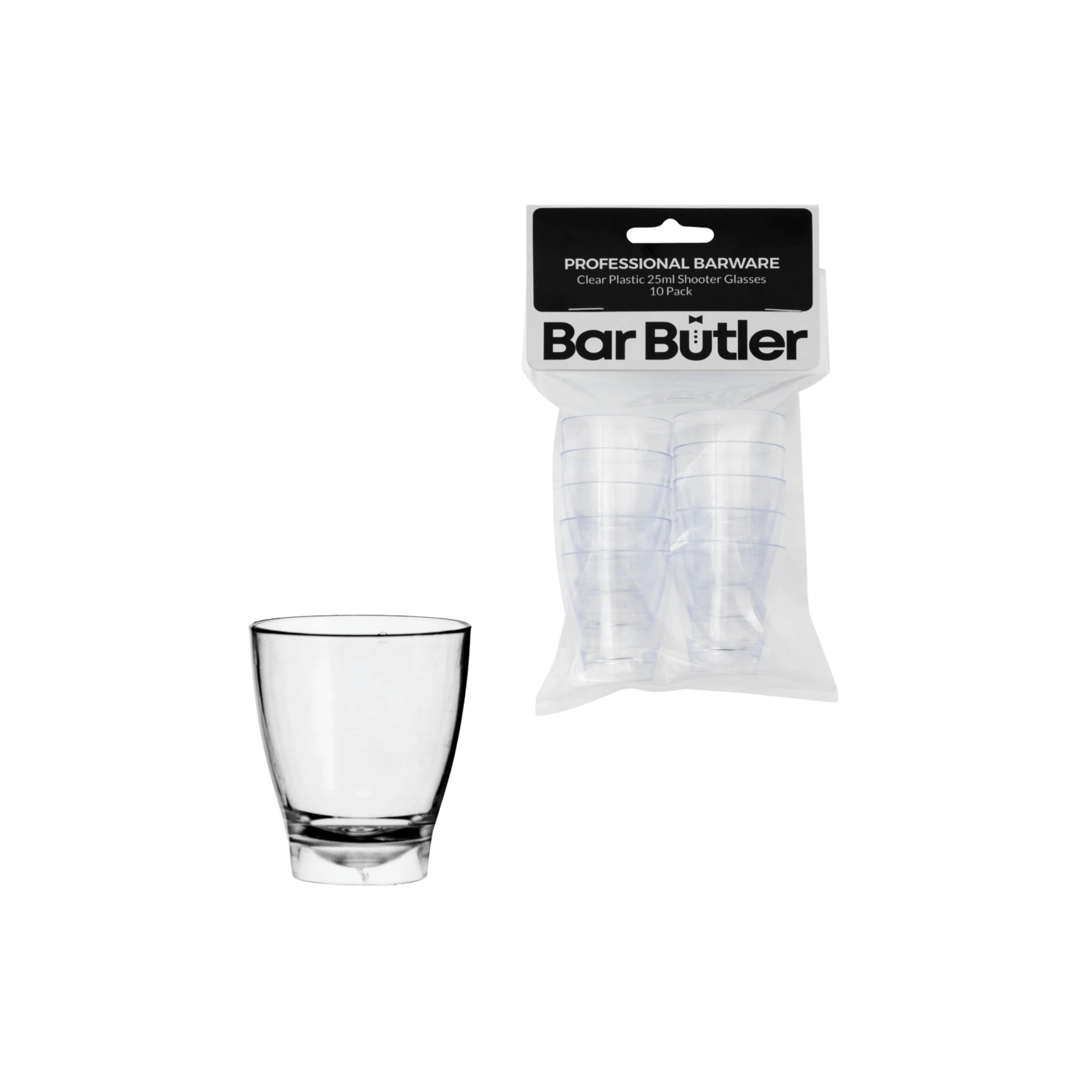 Bar Butler 10 Clear Plastic Shot Glasses On Hang Pack, (25Ml)