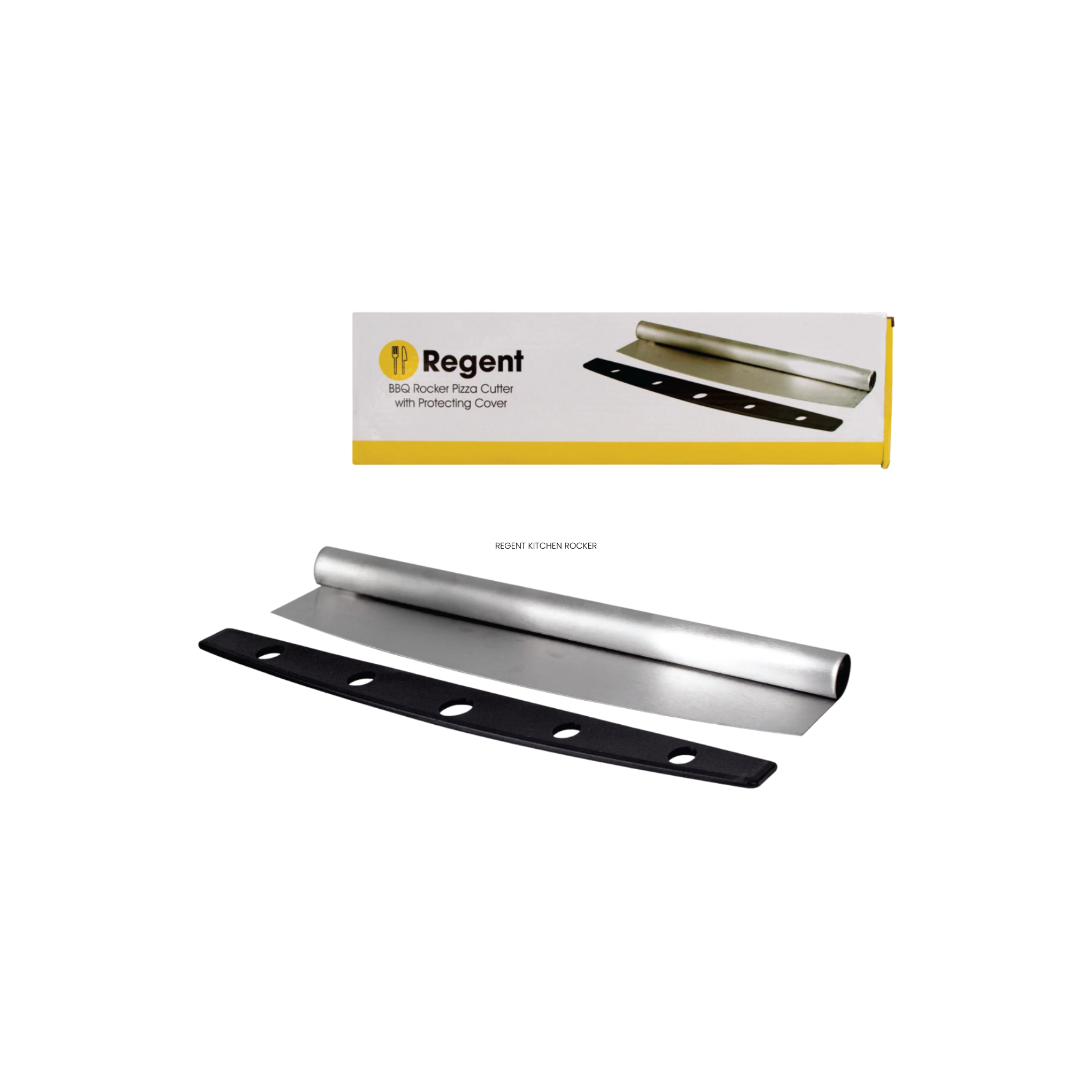 Regent stainless steel BBQ rocker pizza cutter with wide blade and protective cover for pizza and flatbread cutting