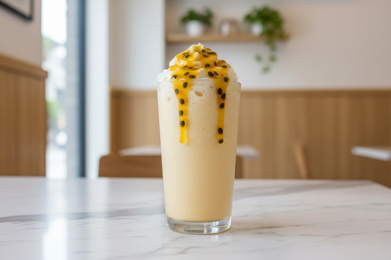 generate a granadilla/passion fruit milk based smoothie, topped with cream and fresh passionfruit sauce placed on a modern cafe counter